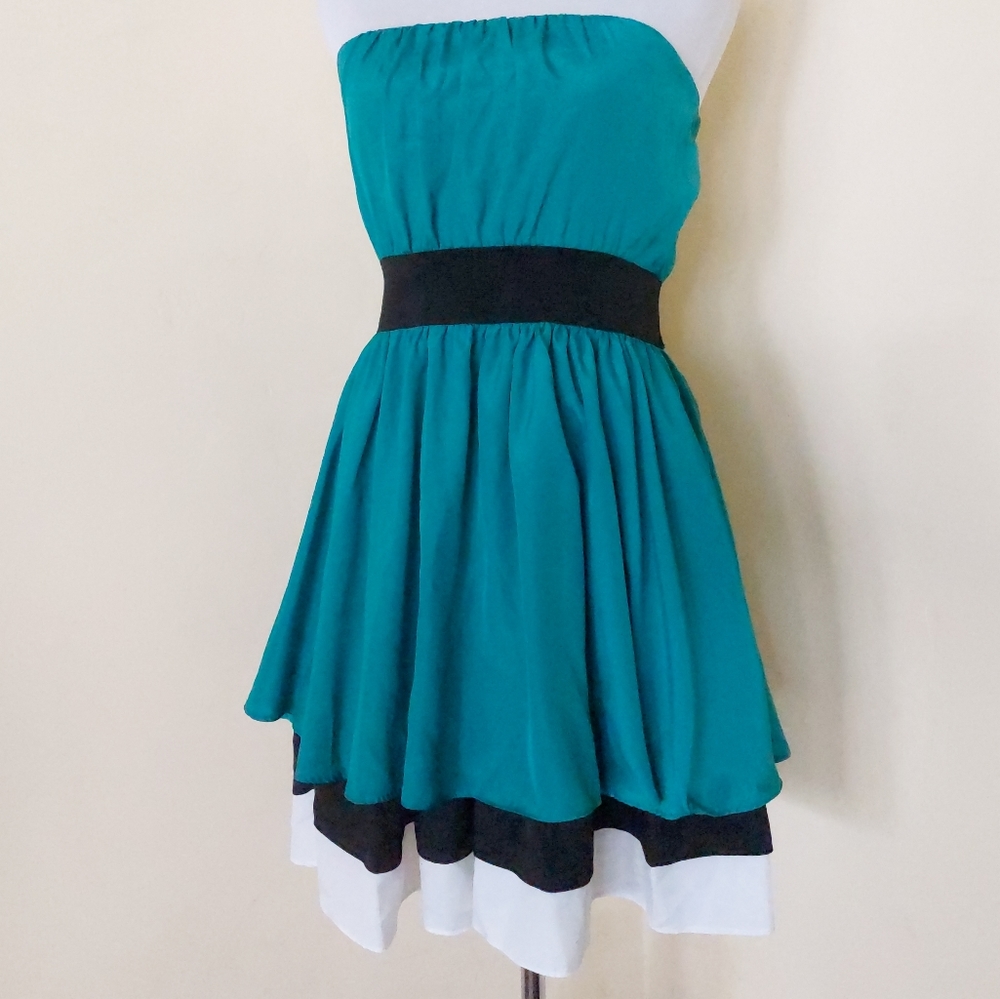 Womens Teal Black White Colorblock Strapless Mini Cocktail Party Dress